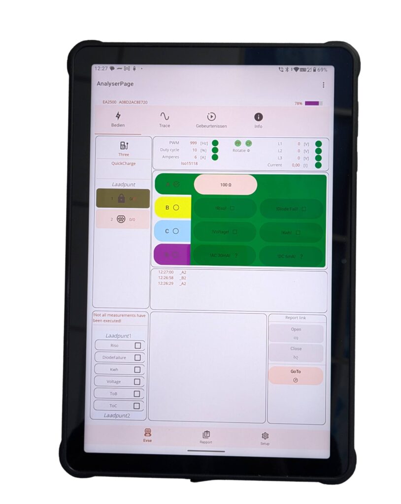 App showing the EVSE Test page